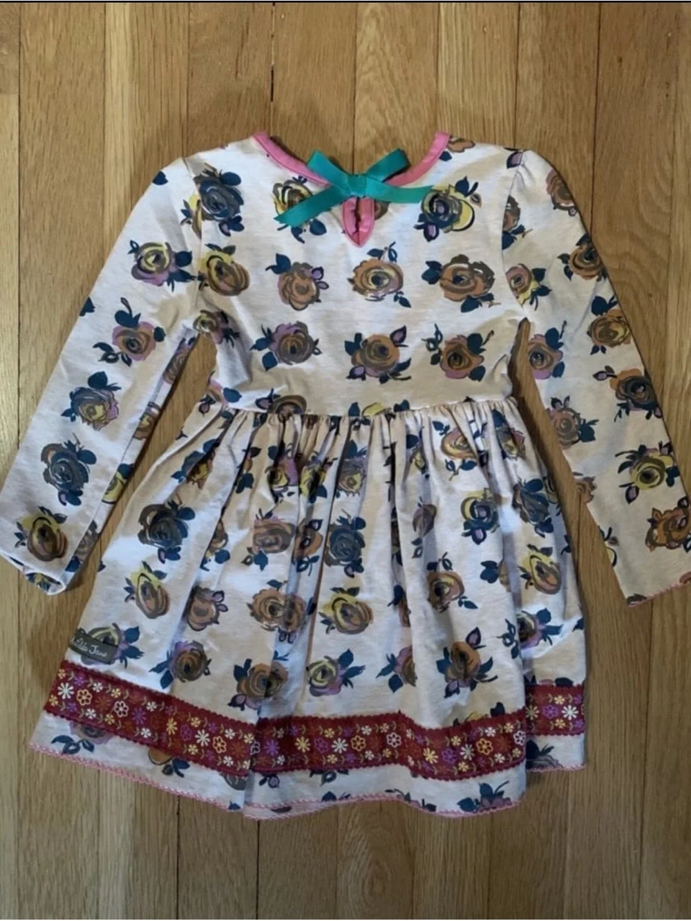 Matilda Jane Cream Floral Long-Sleeve Twirl Dress with Pink Trim